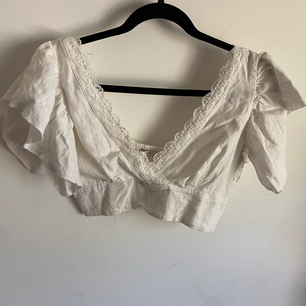 Love Tree White Lace Trim Cropped Blouse Boho Cottagecore Fairy